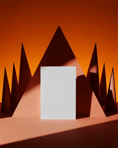 Upright Magazine Mockup Against 3d Orange Pyramid Sculptures In Stylized Geometry Themed Lighting 0229