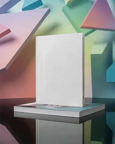 Upright Magazine Mockup Stacked On Books With Colorful 3d Geometric Shapes In Soft Gradient Background 0230