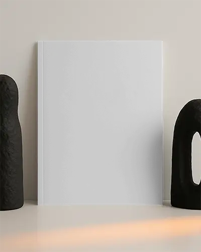 Minimal Upright Magazine Mockup On Beige Surface With Abstract Black Sculptures And Soft Studio Light 0231