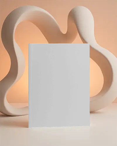 Upright Magazine Mockup In Front Of Organic Abstract Sculpture On Soft Peach Background With Warm Lighting 0234