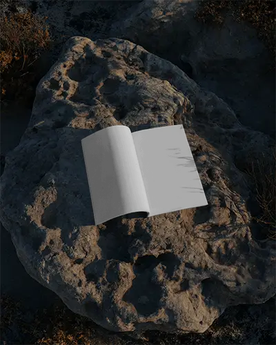 Rugged Outdoor Magazine Mockup Top View Open Booklet On Weathered Rock Surface In Natural Sunset Lighting 0237