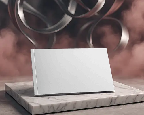 Premium Landscape Magazine Mockup Horizontal Cover On Polished Marble Slab With Metallic Ribbon Background 0239