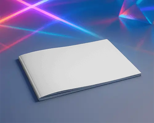 Futuristic Horizontal Magazine Mockup Placed On Blue Surface With Vibrant Neon Light Beams And Prism Effects 0240