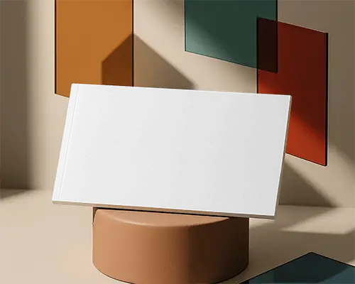 Modern Artistic Horizontal Magazine Mockup On Round Podium With Minimal Colored Rectangles In Soft Sunlight 0241