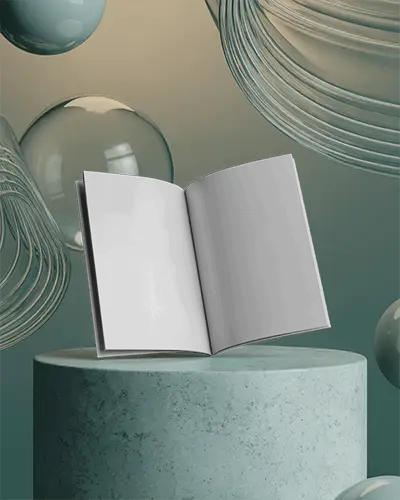 Modern Editorial Magazine Mockup Open Pages On Stone Platform With Floating Glass Elements In Studio Lighting 0242