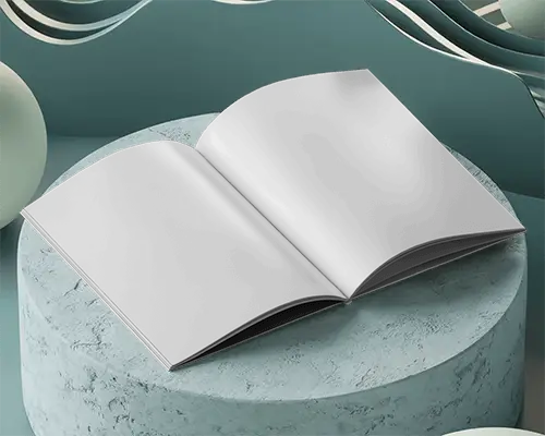 Modern Open Magazine Mockup On Circular Concrete Platform With Smooth Wavy Abstract Background 0243