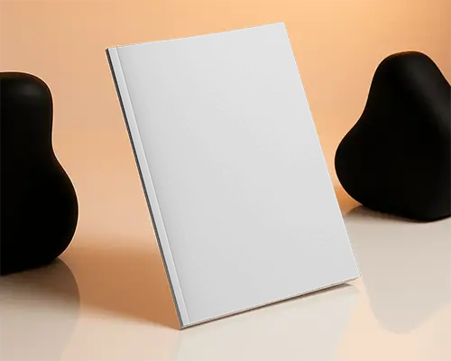 Minimalistic Upright Magazine Mockup On Glossy Surface With Soft Orange Background And Black Decor Elements 0244