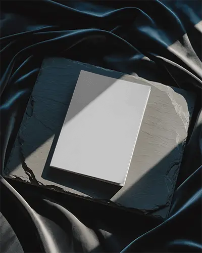 Elegant Shadowed Magazine Mockup On Dark Slate Stone With Soft Lighting And Black Silk Background 0249