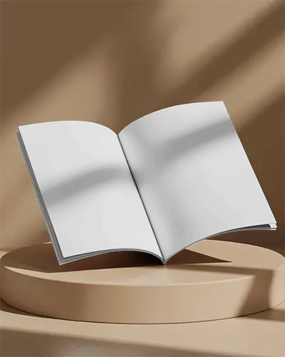 Open Centerfold Magazine Mockup Floating Over Round Platform In Warm Shadow Light Environment 0252