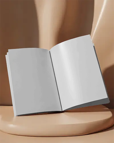 Modern Open Magazine Mockup On Curved Platform With Soft Beige Background And Balanced Lighting 0253