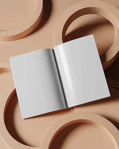 Premium Open Magazine Mockup On Geometric Beige Platform Showing Inner Spread Layout With Balanced Light 0254