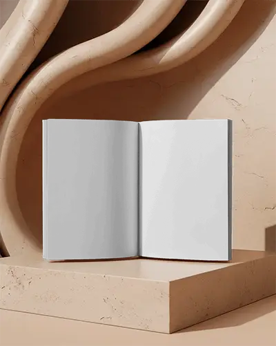 Open Double Page Magazine Mockup Resting On Marble Block In Sculptural Arched Stone Background 0257