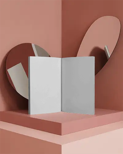 Modern Open Magazine Mockup Displayed Upright In Corner With Pink And Red Background And Round Mirrors 0259