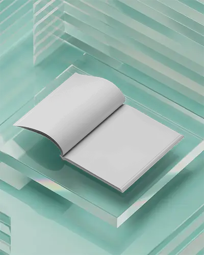 Floating Open Magazine Mockup On Clear Glass Surface With Layered Transparent Panels And Minimal Backdrop 0260