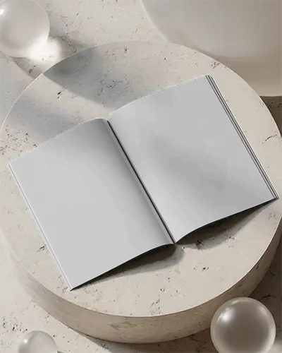 Luxury Editorial Magazine Mockup Laid On Textured Circular Platform With Elegant Floating Orbs 0261