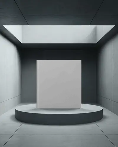 Modern Architectural Room Magazine Mockup On Round Display Pedestal Under Soft Skylight Top Lighting 0265