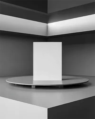 Geometric Architecture Magazine Mockup Standing On Centered Metallic Platform In High Contrast Lighting 0266