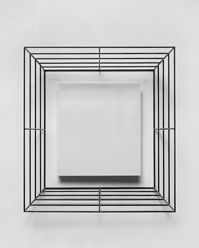 Modern Architectural Magazine Mockup Placed In Symmetrical Wireframe Box On Clean White Studio Background 0267