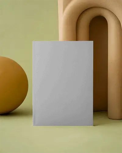 Minimalist Arched Background Magazine Mockup Standing Upright With Organic Sculptural Decor On Soft Olive Surface 0268