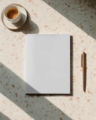 Terrazzo Tabletop Magazine Mockup With Sunlit Coffee Cup And Golden Pen Perfect For Elegant Branding Presentations 0270