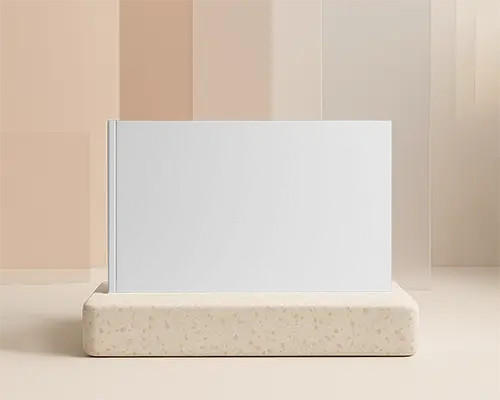 Minimalist Horizontal Magazine Mockup On Speckled Stone Base With Soft Beige Panel Background Clean Styled Flat Design 0272