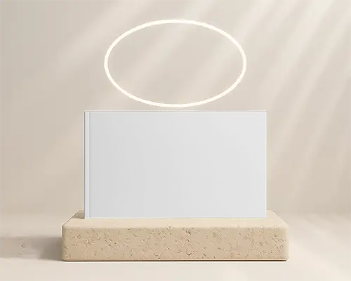 Soft Halo Lit Horizontal Magazine Mockup On Stone Platform Under Minimalist Ring Light Effect In Neutral Studio Setting 0273