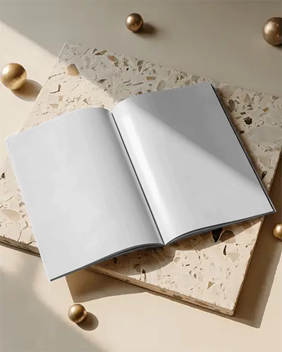 Natural Stone Platform Magazine Mockup Open Layout With Sunlight Casting Shadows On Warm Neutral Background 0274