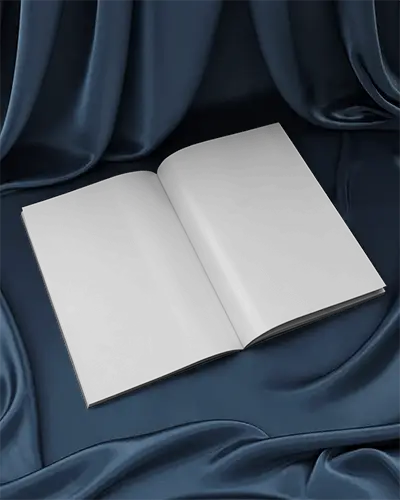 Open Double Page Magazine Mockup Luxurious Deep Navy Satin Fabric Background Soft Folds And Elegant Editorial Presentation 0276