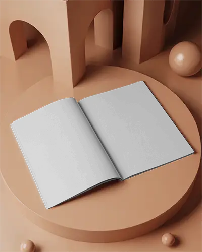 Terracotta Podium Open Magazine Mockup Double Page Layout With Arched Background And Minimalist Decor Objects For Stylish Editorial Design 0277