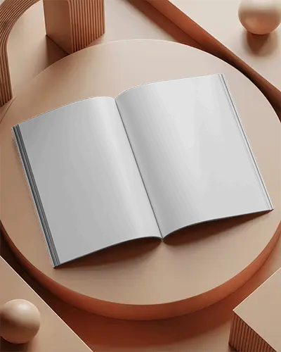 Modern Terracotta Open Magazine Mockup Double Page Display On Arched Podium With Soft Shadows And Minimalistic Sphere And Block Accents 0278