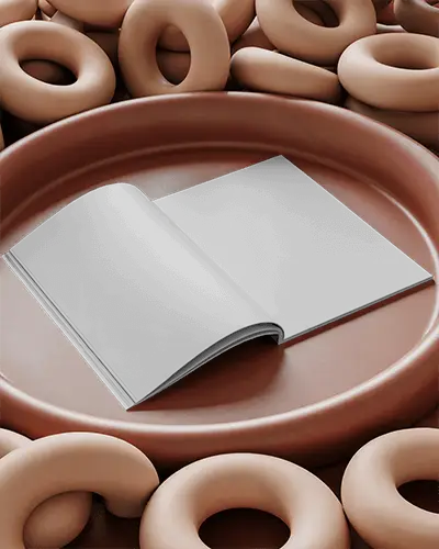 Modern Terracotta Open Magazine Mockup Top View Inside Rounded Podium With Multiple Geometric Donut Forms For Bold Minimalist Design Presentation 0279