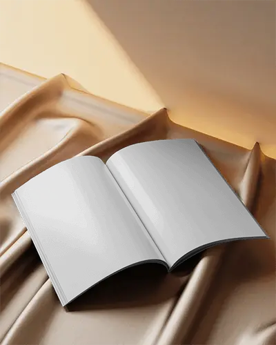 Sunlight Golden Satin Open Magazine Mockup On Folded Fabric Surface With Elegant Curves And Warm Highlights For Editorial Layouts 0281