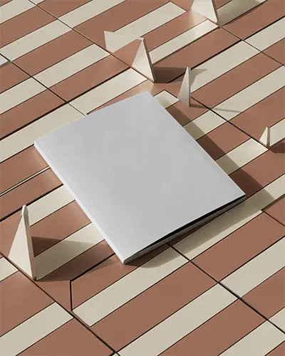 Angled Hardcover Magazine Mockup On Striped Tile Surface With Geometric Pyramid Shadows And Soft Daylight For Elegant Brand Presentation 0283