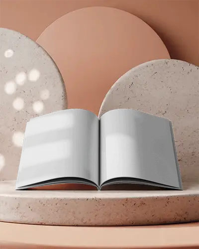 Modern Terracotta Podium Open Magazine Mockup With Stone Backdrop And Soft Shadow Lighting For Stylish Brand Presentation 0284