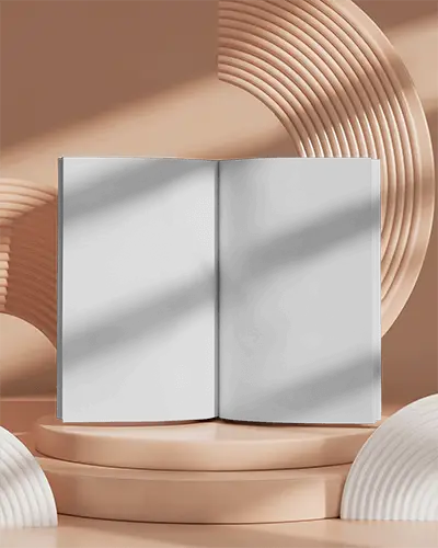 Beige Background Open Magazine Mockup On Sculpted Stage With Curved Decor Panels And Soft Natural Shadow Light Effect 0286