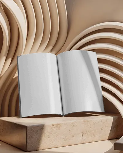 Natural Light Arch Backdrop Open Magazine Mockup On Polished Stone Block With Deep Shadows And Curved Layers For Modern Visual Presentations 0287