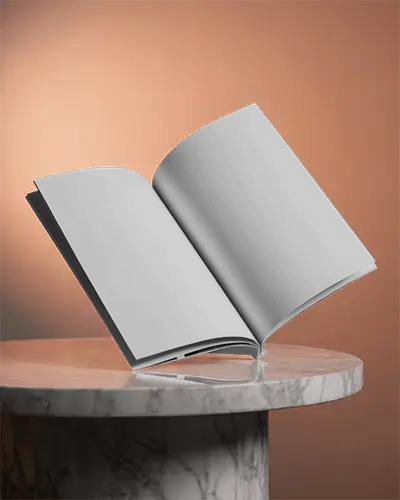 Floating Magazine Mockup On Marble Table Against Warm Toned Gradient Background For Luxury Print Design Presentation 0294