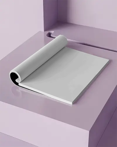 Curled Magazine Mockup On Glossy Purple Corner Podium With Minimal Lighting For Clean Layout Display 0296