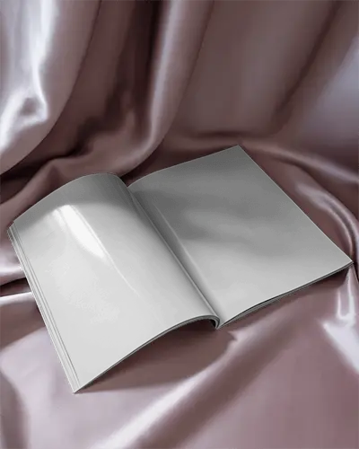Glossy Fabric Background Open Magazine Mockup With Elegant Page Spread And Soft Satin Texture Layout 0303