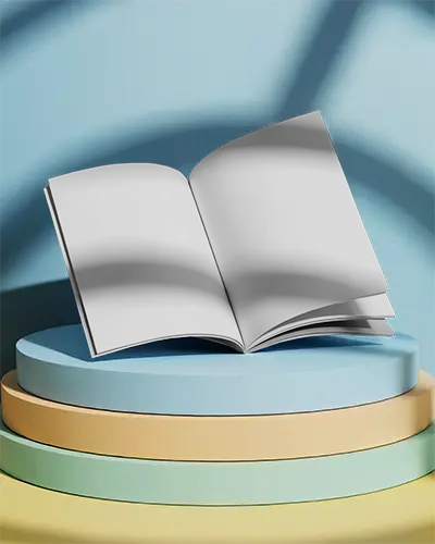 Vibrant Stage Open Magazine Mockup With Colored Podium And Soft Blue Background In Studio Lighting Setup 0305