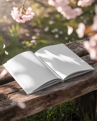 Springtime Park Magazine Mockup Open Layout On Wooden Bench Under Blooming Cherry Blossoms In Sunlit Natural Outdoor Setting 0311