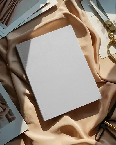 Sunlit Fashion Desk Magazine Mockup Closed Cover On Golden Satin With Scissors And Styling Elements For Luxury Design Presentation 0313