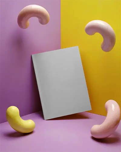 Colorful Dual Tone Magazine Mockup Vertical Cover Standing On Vibrant Purple And Yellow Background With Floating Organic Shapes 0315