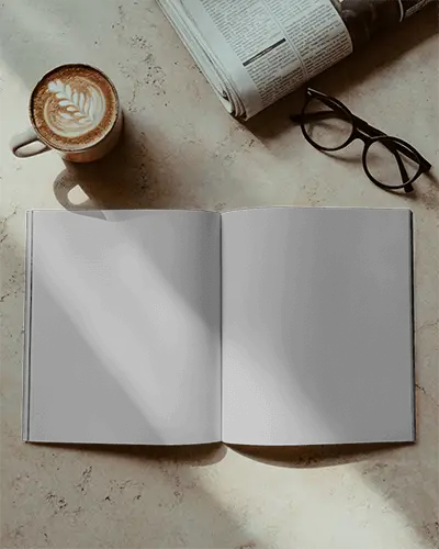 Open Magazine Mockup With Empty Pages On Textured Surface With Accessories Around 0339