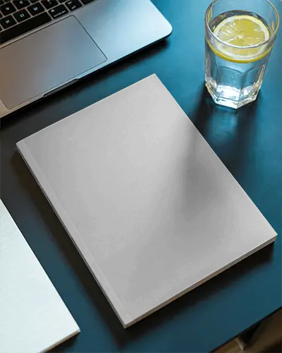 Minimalistic Design Magazine Mockup With Laptop Notebook And Refreshing Glass Drink 0340