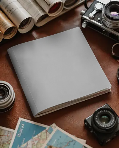 Realistic Magazine Cover Mockup With Classic Camera And Poly Folded Maps Layout 0342