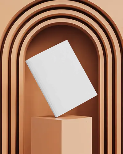 Arched Background Floating Magazine Mockup On Podium Modern Studio Visual Appeal