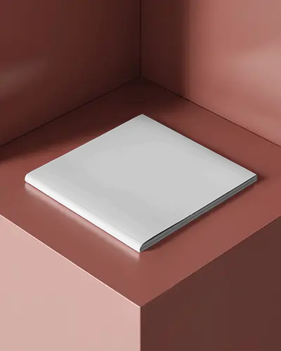 Square Magazine Mockup Flat Lay On Clean Minimal Corner Podium Soft Shadow Light