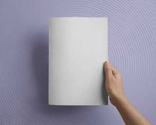 Hand Holding Magazine Mockup On Soft Lilac Concentric Circle Background