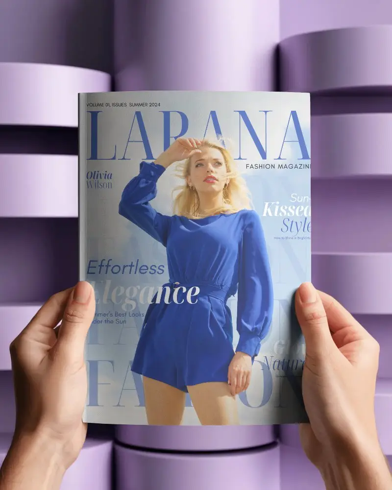 Hands Holding Magazine Mockup In Front Of Purple Geometric Background In Soft Light